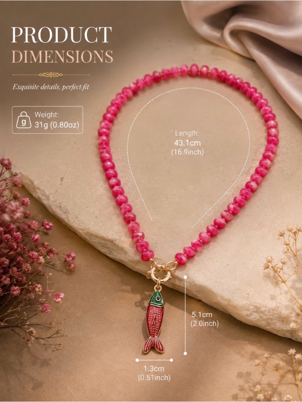 New! Pink Beaded Necklace with Colorful Fish Pendant. Fish Necklace - Picture 3 of 4